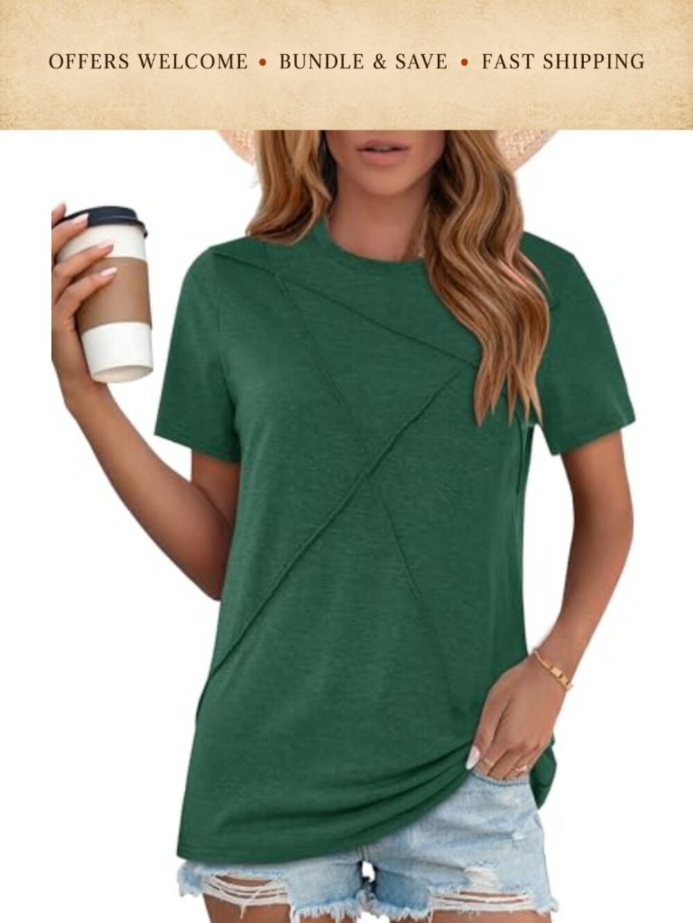 Women's Summer T-Shirt Crew Neck Short Sleeve Pleated Casual Top